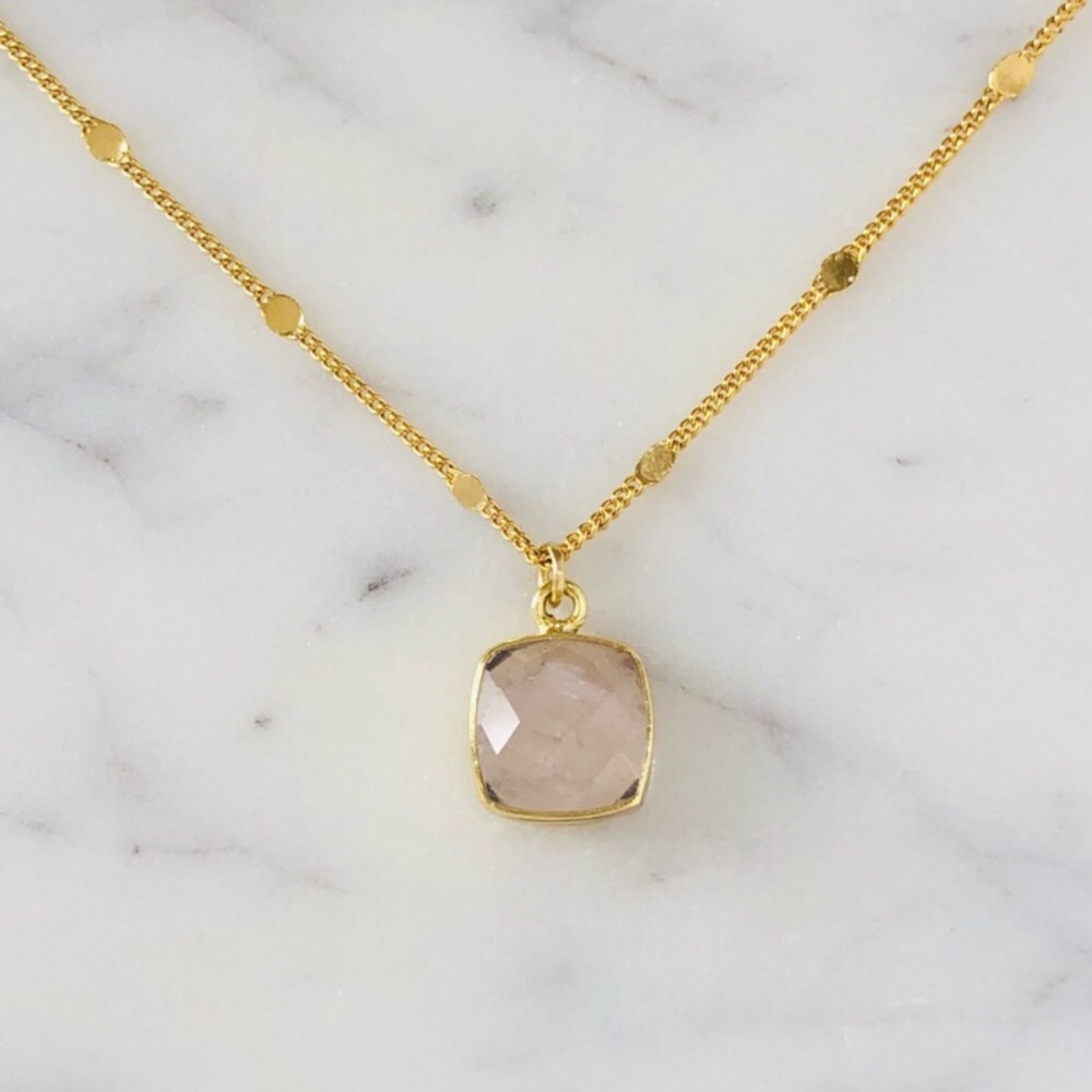 18K Gold Plated Rose Quartz Pendant Mirror Chain Necklace
